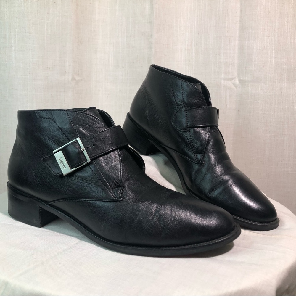 Etienne Aigner Black Leather Ankle Boots with Buckle Strap